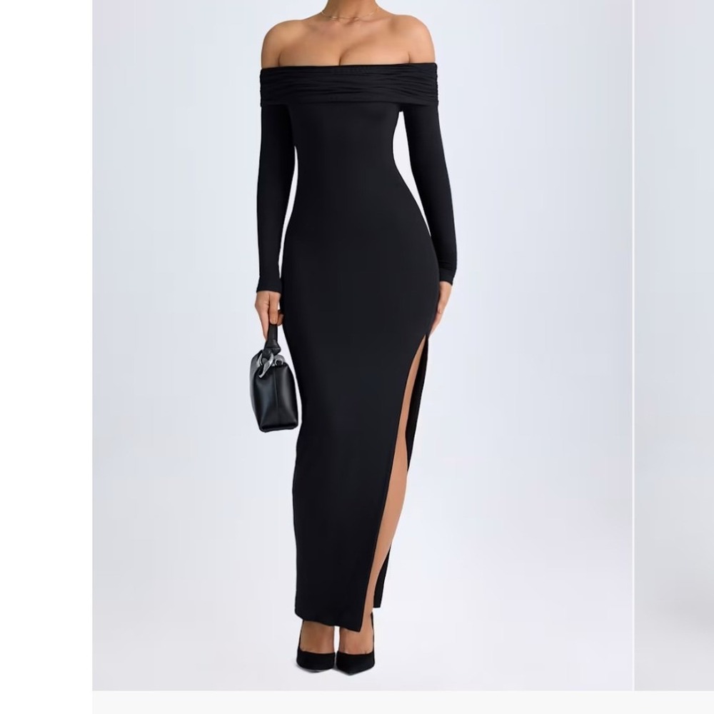 Oh Polly Honora Black Modal Off-Shoulder Open-Back Maxi Dress 12458 Size S NEW